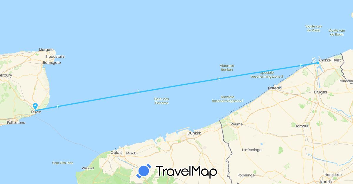 TravelMap itinerary: driving, boat in Belgium, United Kingdom (Europe)